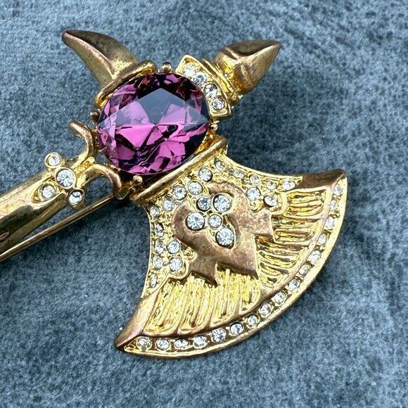 Hatchet Axe Brooch Pendant Vintage Unmarked Gold-tone Metal Rhinestone 3.25" H - Picture 5 of 11